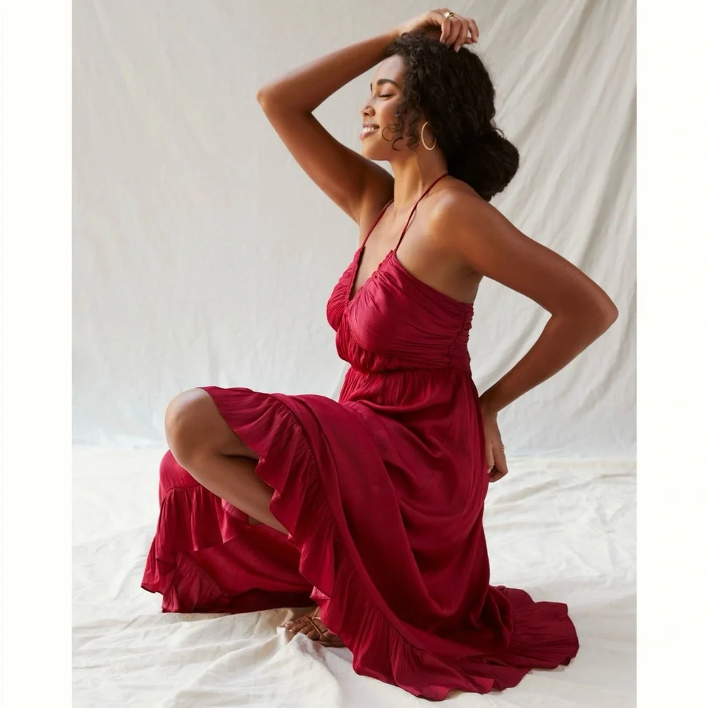 Anthropologie Red Maxi Dress with Ruffled Hem - Picture 3 of 15